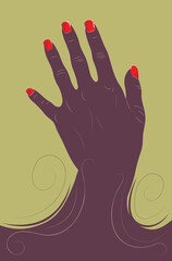 Fototapeta na wymiar Hand silhouette with red nails and swirls