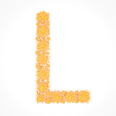 Capital letter L made from orange flowers and petals isolated on white background. Design element. Floral font. Flowers letters. Summer font. 3d illustration