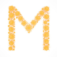 Capital letter M made from orange flowers and petals isolated on white background. Design element. Floral font. Flowers letters. Summer font. 3d illustration