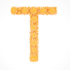 Capital letter T made from orange flowers and petals isolated on white background. Design element. Floral font. Flowers letters. Summer font. 3d illustration