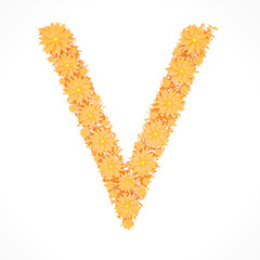 Capital letter V made from orange flowers and petals isolated on white background. Design element. Floral font. Flowers letters. Summer font. 3d illustration