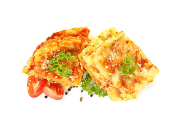 Concept of delicious food, Lasagna isolated on white background