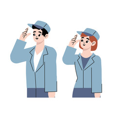 Men and women wearing work clothes and posing. Flat drawn style vector design illustrations.