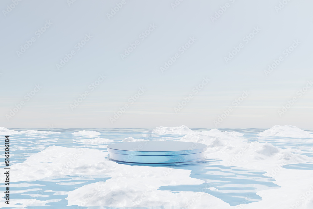Wall mural 3d rendering, platform and natural podium floating on the lake with ice snow, sky and cloud. backdro