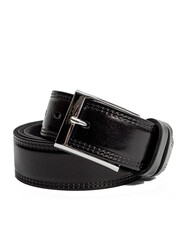 black men's leather belt on isolated white background