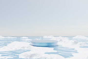 Fototapeta na wymiar 3D rendering, Platform and natural podium floating on the lake with ice snow, sky and cloud. backdrop for product display and showcase, landscape scene background