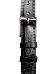 black men's leather belt on isolated white background