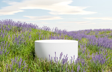 Platform and Natural podium backdrop with lavender flowers field, cloud and sky background for product display,  landscape scene 3D rendering background © EcoSpace