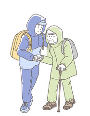 豪雨災害による避難時の服装のイメージイラスト（高齢者と介助する男性）