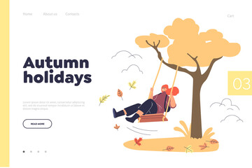 Obraz premium Autumn holidays concept of landing page with girl riding on swing in fall park