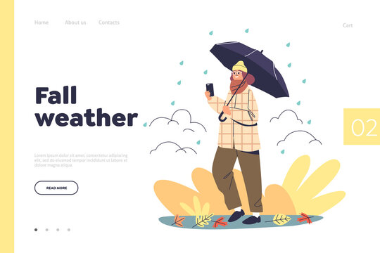 Fall weather concept of landing page with young woman walk in autumn park under umbrella