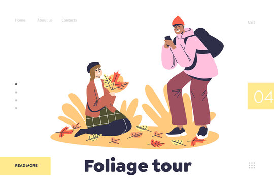 Foliage tour concept of landing page with young couple enjoy taking photos in autumn leaves in park
