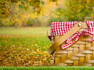 Against the backdrop of beautiful autumn nature, a carpet of golden fallen leaves, a straw picnic basket on a green lawn. Family vacation, picnic, great food, Thanksgiving
