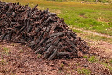 Fototapeta na wymiar Long pile of freshly cut turf in a bog. Traditional Irish fossil fuel for heating houses with brown color. Close up.