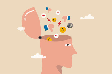 Negative thinking bad attitude cause of failure or fear, depression and sadness, emotional or mental problem, stress anxiety concept, human open head with negative symbol, thumb down, anger and chaos.