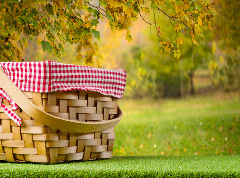 Camping, relaxation. Against the backdrop of autumn nature, a picnic basket on a green lawn. Ecology, fresh clean air, delicious natural food, picnic, family vacation, vacation with friends.