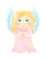Little angel girl prays. Religious catholic clipart, Christian Watercolor illustration, Cute character