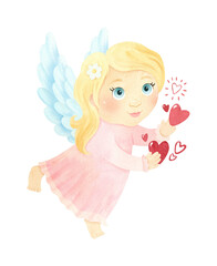 Little angel girl with hearts. Valentine's Day, Romantic clipart. Christian Watercolor illustration, Cute character