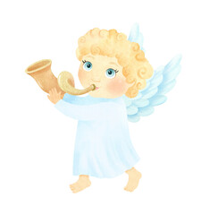 Little angel boy with a golden bugle. Religious catholic clipart. Christian Watercolor illustration, Cute character