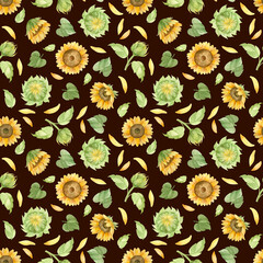 Sunflowers seamless pattern on dark background. Watercolor floral illustrations, Hand drawn clipart
