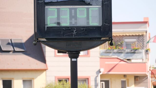 Thermometer screen marking 23 degrees celsius High Temperature in hot summer. Climate change leads to more extreme weather event and Red heat warnings. 2022.06.26. Europe, Hungary 9200 Mosonmagyar&oacute;v&aacute;r