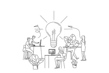 Drawing of manager at remote work, searching for new ideas solutions, working together in the company