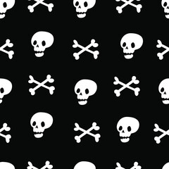 Skull with bones seamless pattern. Pirate Halloween background. Crossbones and skeleton pattern. Black vector scary illustration.