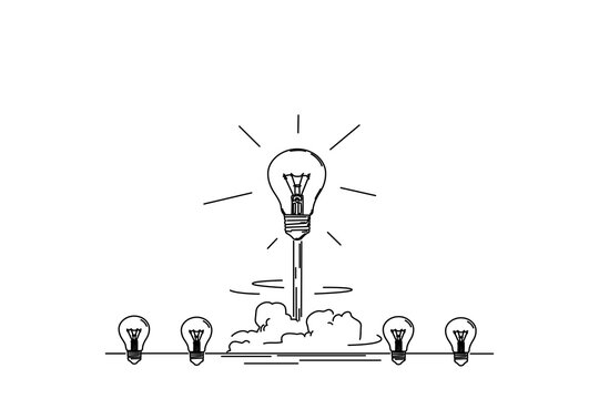 Cartoon of standing light bulbs with one glowing rocket launch