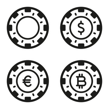 Gamble Poker Betting Chip Set Icon. Luck Dollar Euro Bitcion Glyph Pictogram. Casino Poker Money Currency Black Silhouette Sign. Fortune Game Gambling Bet Flat Symbol. Isolated Vector Illustration