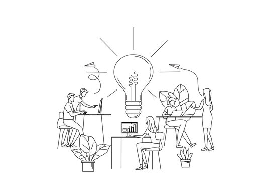 Drawing of manager at remote work, searching for new ideas solutions, working together in the company