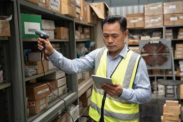 Staff work in storage warehouse wearing hardhat and hi visible vest happy using tablet scanning...