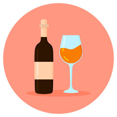 Bottle of orange wine and glass of wine isolated on white background. Icon for packing design, emblem natural product. Vector illustration