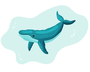 Obraz premium Cartoon cute blue whale in water isolated on white background. Wild animal character icon. Vector illustration