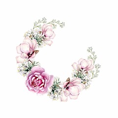 Watercolor floral wreath / frame / with green leaves, pink flowers. For wedding invitations, wallpapers, fashion. Rose, magnolia, green leaves, agapanthus.