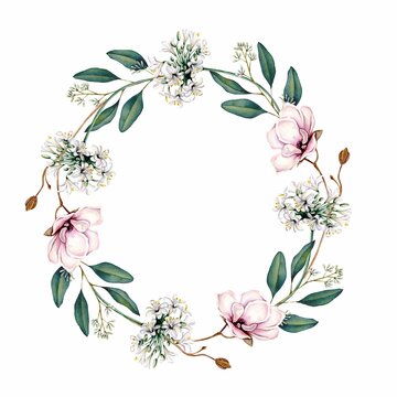 Watercolor floral wreath / frame / with green leaves, pink flowers. For wedding invitations, wallpapers, fashion. Rose, magnolia, green leaves, agapanthus.
