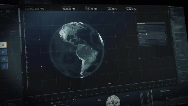 Digital Planet Map Location Data Scan Via Spy Software Interface. Accessible Planet Satellite Selection On Data Interface. Airplanes Hardstand Location Data Scan On Planet Surveillance Interface.