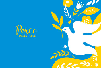 Dove of peace . Flying bird with olive branch and flowers
