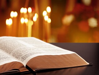 Open bible book on dark black wooden desk table space. Christ gospel literary.
