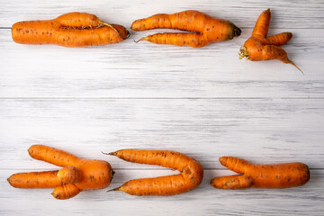 Top view close-up of two ripe orange ugly carrots lie on a light wooden surface with copy space for...