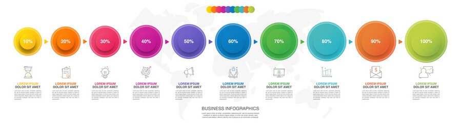 Modern and simple flat vector illustration. Infographic template with 10 circles, elements, sectors and arrows. Designed for business, presentations, web design, interface ten step diagrams