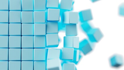 A set of many soft blue cubes that are collapsing under white lighting background. Conceptual 3D illustration of blockchain, financial system and personal data analysis.