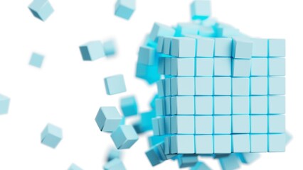 A set of many soft blue cubes that are collapsing under white lighting background. Conceptual 3D illustration of blockchain, financial system and personal data analysis.