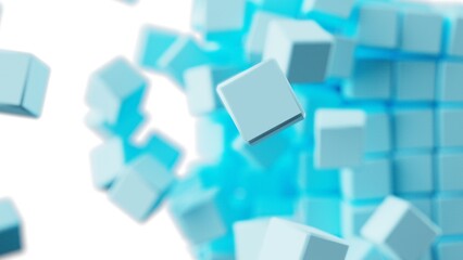 A set of many soft blue cubes that are collapsing under white lighting background. Conceptual 3D illustration of blockchain, financial system and personal data analysis.