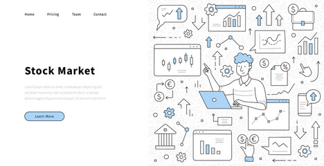 Stock market doodle landing page. Businessman trader working on computer selling and buying currency and company bonds using broker services and pc application, investment, Line art vector web banner