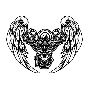 Illustration of twin engine with wings in engraving style. Design element for poster, card, banner, sign, emblem. Vector illustration