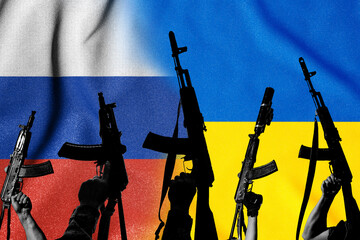 Two enemy flags and combat military assault rifles AK 74 and AK 74U on their background.