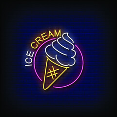 Neon Sign ice cream with Brick Wall Background Vector