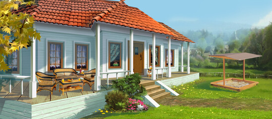 Country house with a veranda illustration - obrazy, fototapety, plakaty