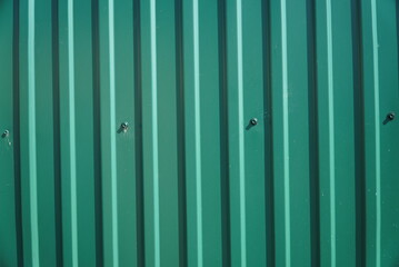 A fragment of a wall made of green metal siding.