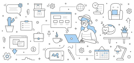 Fototapeta na wymiar Home office banner, freelance doodle concept. Young woman work on laptop with cat, coffee cup and office supply icons around. Distant outsourced job, girl freelancer, Line art vector illustration